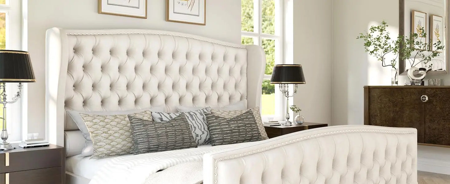 King& Queen Size Bed Frame, Velvet Upholstered