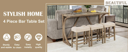 Dining Bar Table and Chairs with Power Outlet, 4 Piece Bar Table Set with Chairs, Sofa Bar Table with 3 Padded Stools