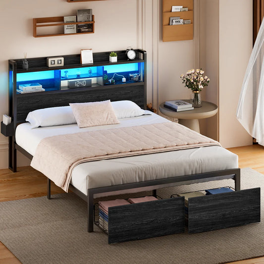 Full/Queen Size Bed Frame with Storage Headboard