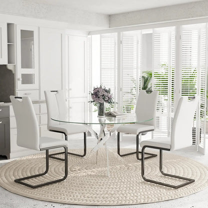 5-Piece Round Dining Table Set for 4, 47" Small Circle Tempered Glass Kitchen Table Set with Chrome Silver Leg, Upholstered
