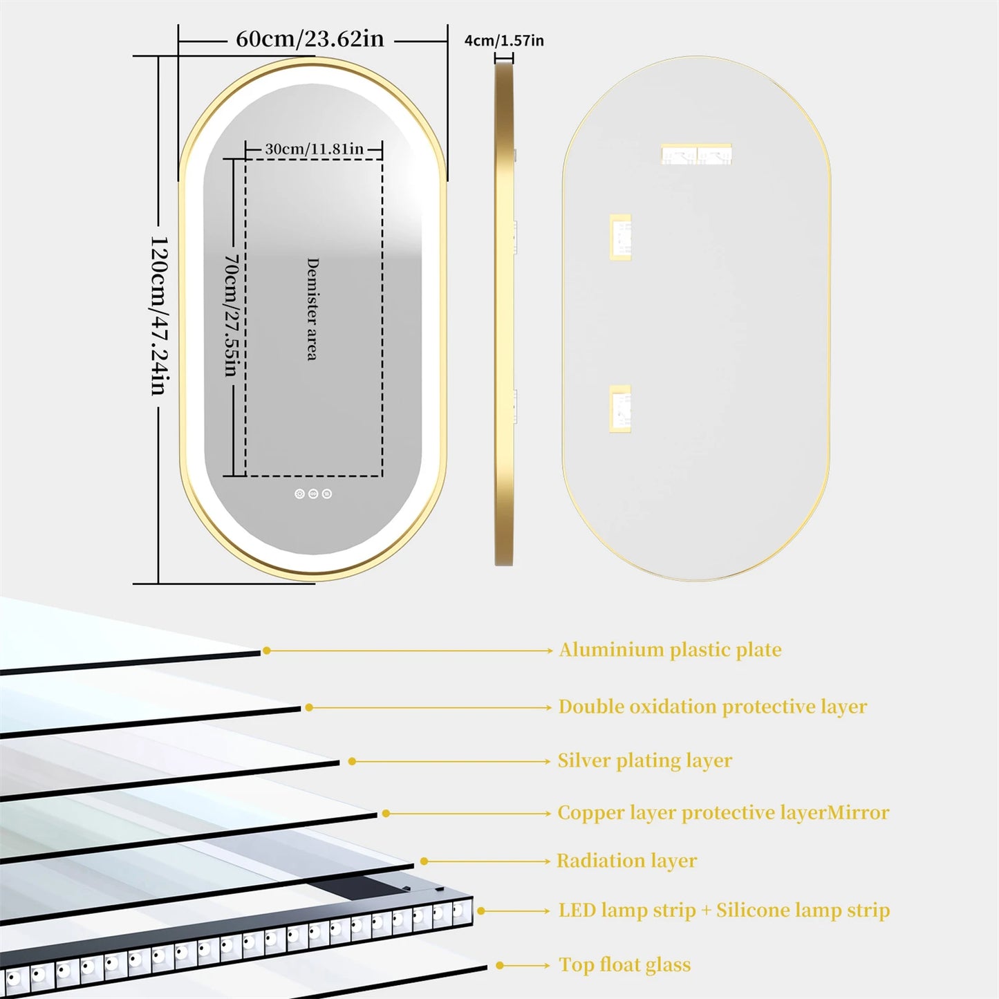 Gold Frame Oval Bathroom Mirror LED Lighted
