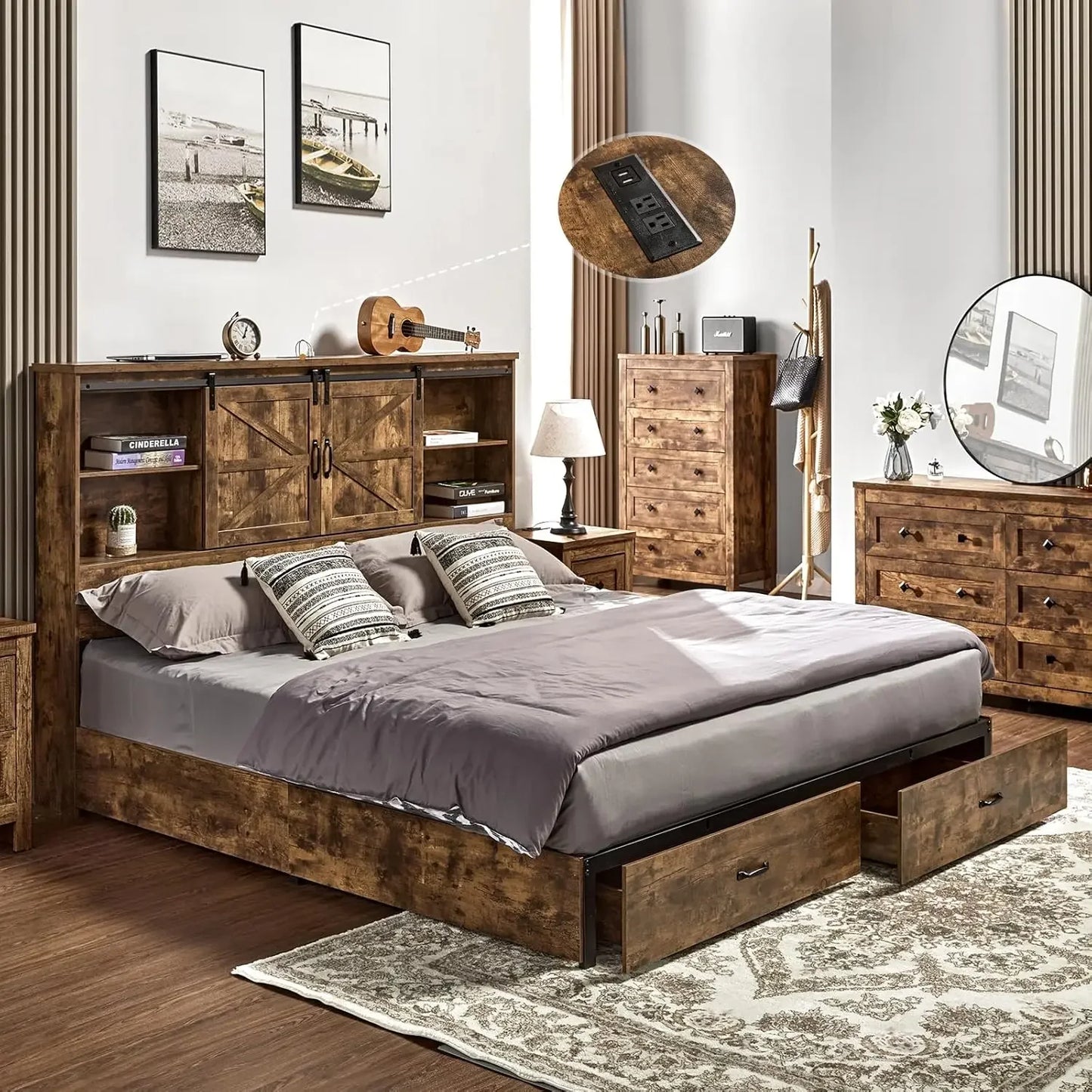 King & Queen Size Bed Frame,Wooden Platform Storage Bed with Bookcase