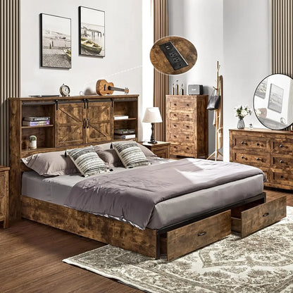 King & Queen Size Bed Frame,Wooden Platform Storage Bed with Bookcase