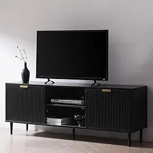 Black TV Stand for 65+ Inch TV with Sliding Doors