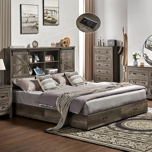 King & Queen Size Bed Frame,Wooden Platform Storage Bed with Bookcase