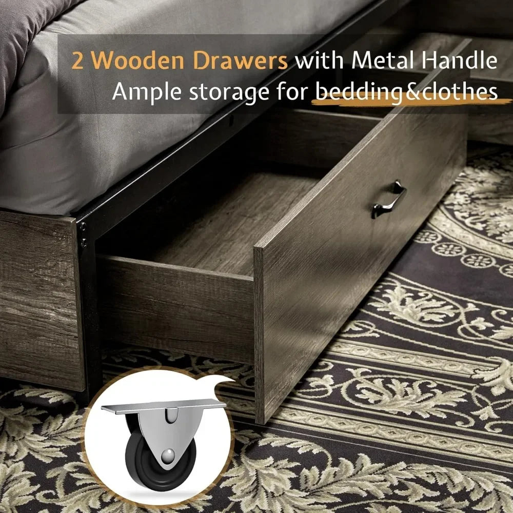 King & Queen Size Bed Frame,Wooden Platform Storage Bed with Bookcase