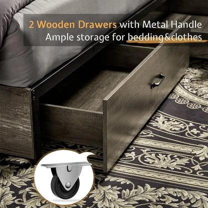 King & Queen Size Bed Frame,Wooden Platform Storage Bed with Bookcase