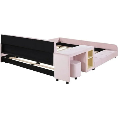 Queen Size Bed Frame with Bedside Desk and Little Round Stool