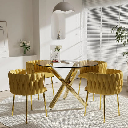 Golden Round Glass Dining Table Set for 4, 39'' Clear Dinner Table Set, 5 Pieces Modern Luxury Circle Kitchen Table and Green
