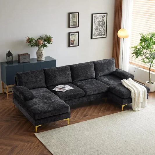 Sectional Sofa with Chaise Chenille Fabric Upholstered 4-Seat