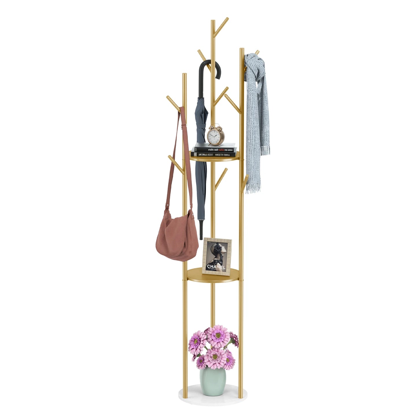 Marble Metal Coat Rack with 3 Storage Shelves and 9 Hooks