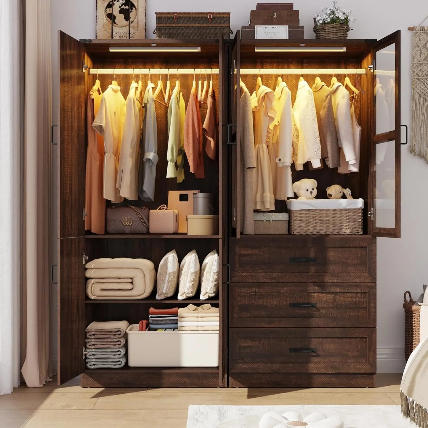 3 Drawers and LED Wardrobe with Hanging Rod
