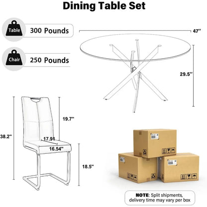 5-Piece Round Dining Table Set for 4, 47" Small Circle Tempered Glass Kitchen Table Set with Chrome Silver Leg, Upholstered