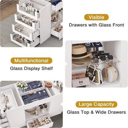 Glass Display Shelf & 12 Drawers, White Dresser with Glass Top