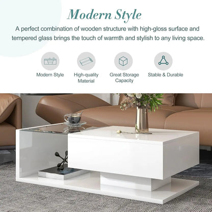 Coffee Table with Tempered Glass, Cocktail Table with High-Gloss UV Surface, Modernist 2-Tier Center Table for Living Room