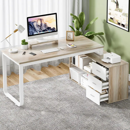 Desk with Drawers, 55 Inch L Shaped, Removable Monitor Stand