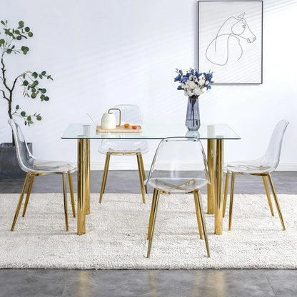 5 Pcs Modern Clear Glass Dining Table Set, 51'' Luxury Rectangular Kitchen Table Set, 4 Person Minimalist Dinner Room Table Set