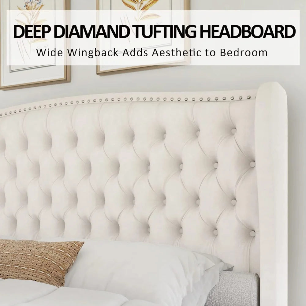 King& Queen Size Bed Frame, Velvet Upholstered