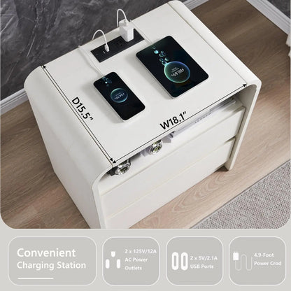 25" Tall Modern Nightstand with Charging Station, 23.6'' Wide Wood Bedside Table w/2 Storage Drawers,for Bedroom, Living Room