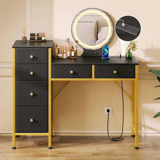 Vanity Desk with Mirror, Dresser with 6 Storage Drawers