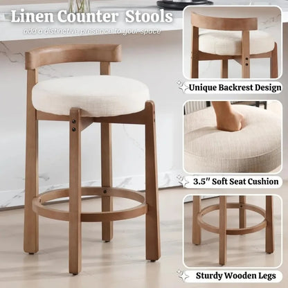 Modern Bar Stools Set of 2, Linen Upholstered, 26.5" Stools with Back