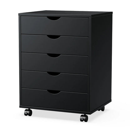 JHK Wood Nightstand Cabinet 5 Drawers Waterproof Surface Storage Organizer File Office Easy To Move Bedside Table Rotating Wheel