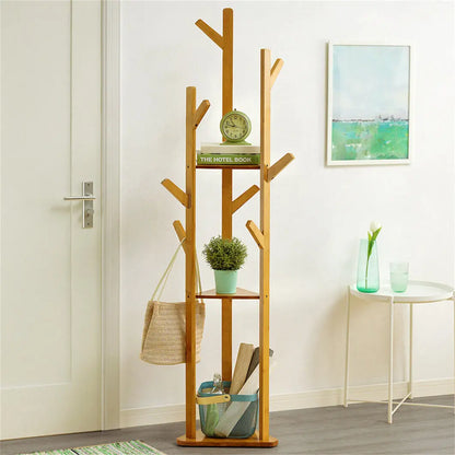 Bamboo Corner Tree Coat Rack with Hooks and Shelves