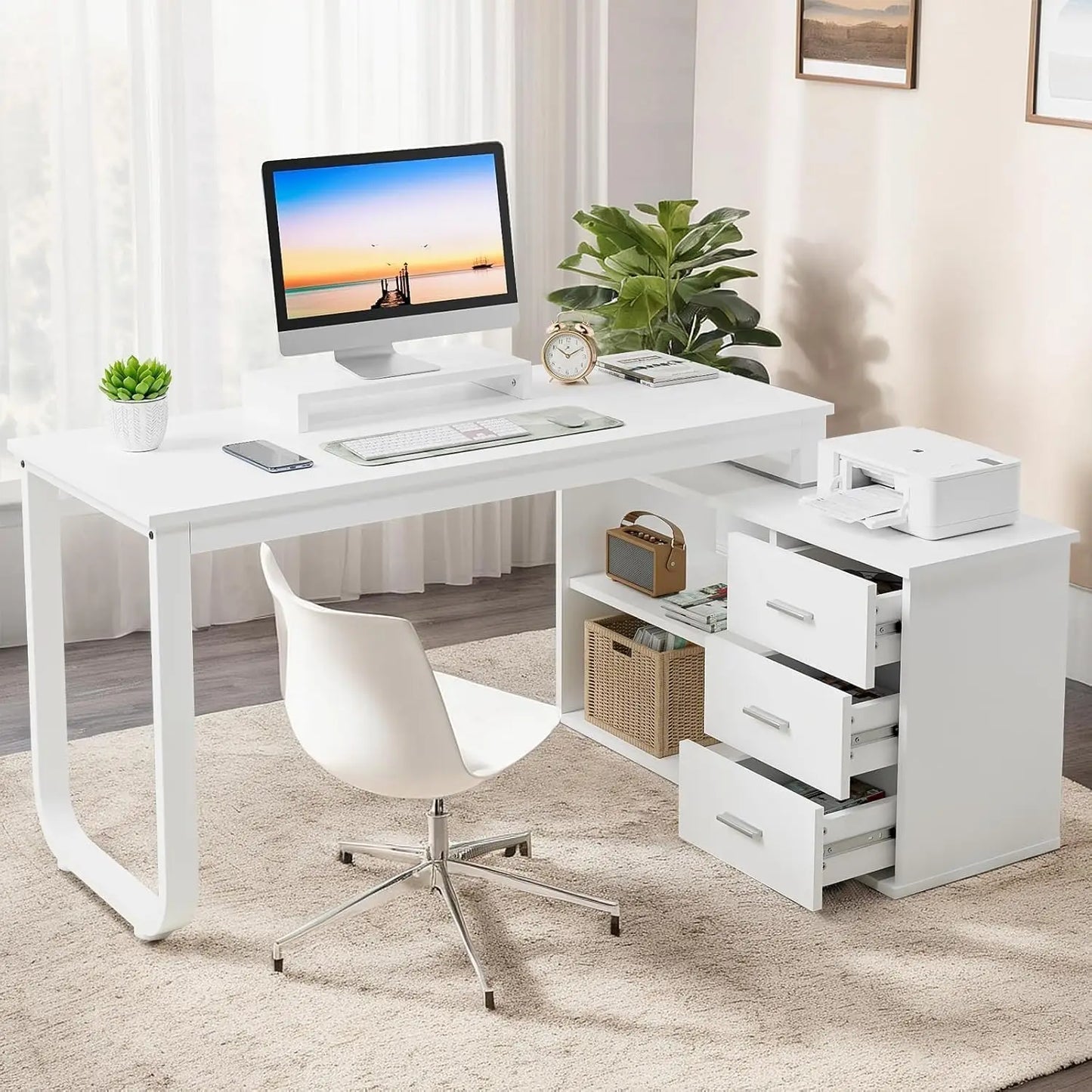 Desk with Drawers, 55 Inch L Shaped, Removable Monitor Stand