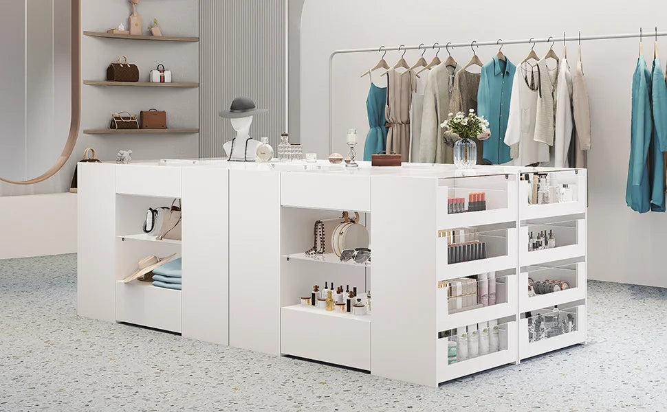 Glass Display Shelf & 12 Drawers, White Dresser with Glass Top