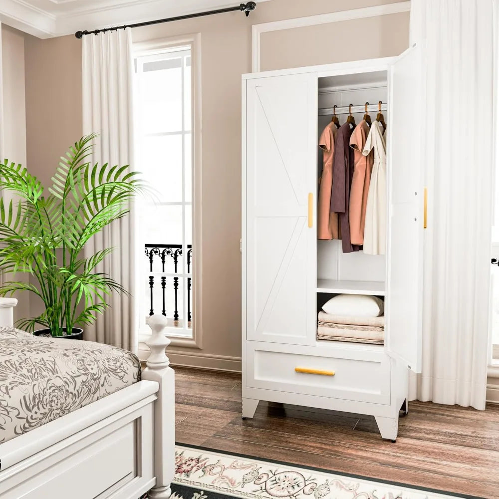 Metal Wardrobe Closet with Hanging Rod & 2 Barn Doors