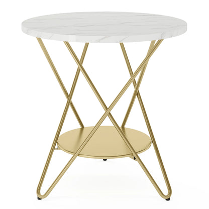 Tribesigns 2 Tier Faux Marble End Table Round Side Table with Shelves Small Coffee Accent Table for Living Room, White and Gold