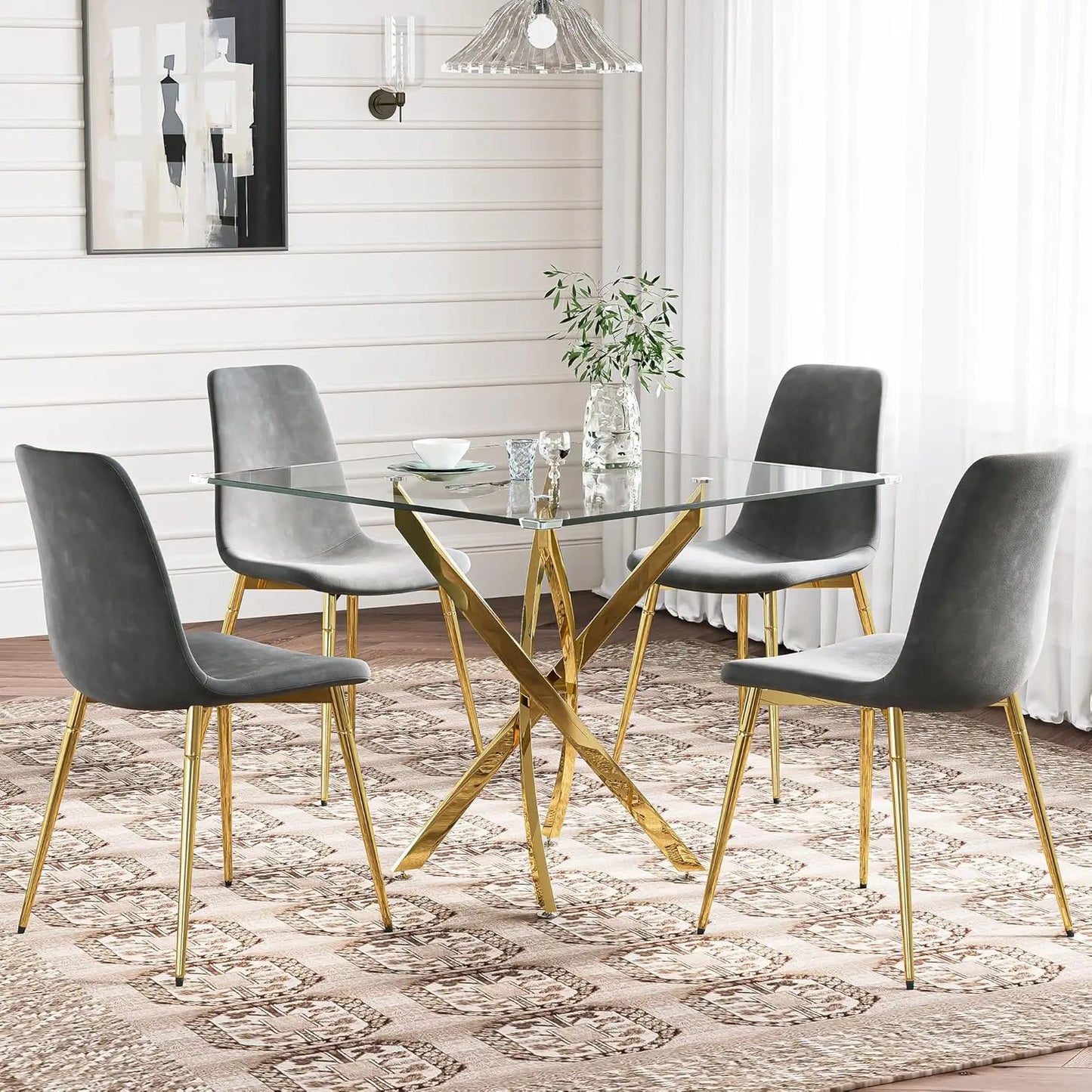 Glass Dining Table Set for 4 with Chairs, Modern 5 Piece Dining Room Set with 36" Round Tempered Glass Table & 4 Velvet Chairs