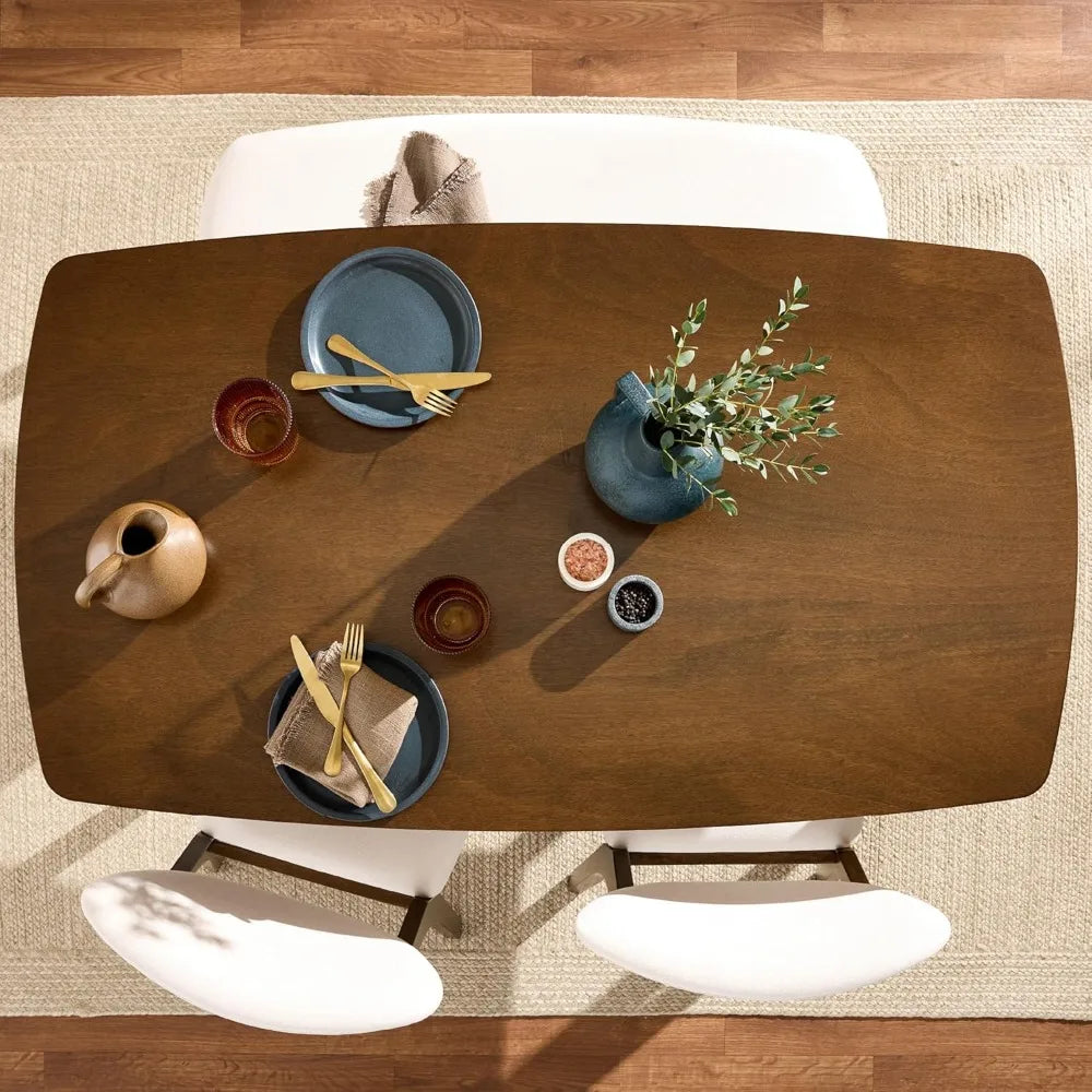 Mid-Century Modern Wood Dining Kitchen Table & Chair Best Choice Products 4-Piece Set w/ 2 Upholstered Chairs, Bench Seat -Brown