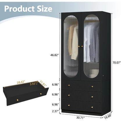 Wardrobe Closet with 3 Fluted Drawers and Hanging Rail