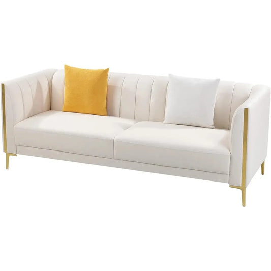 White Couches, Comfy, Faux Leather Sofa 3 Seater, 2 Throw Pillows