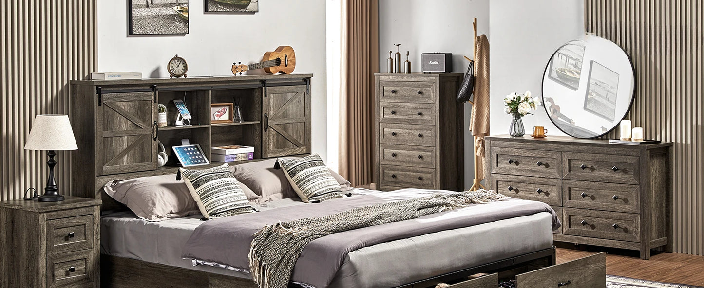 King & Queen Size Bed Frame,Wooden Platform Storage Bed with Bookcase