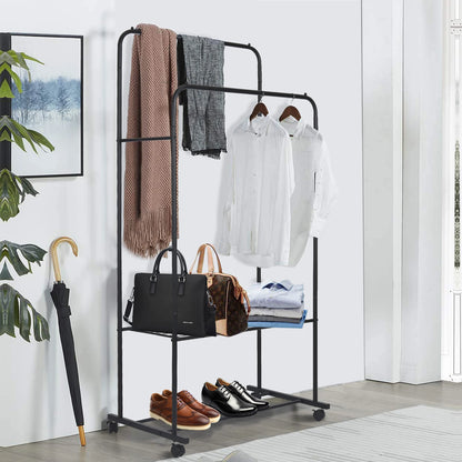 Coat Rack Double Rail Rolling Stand Shoes Rack Storage Shelf
