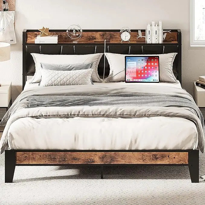 Queen Bed Frame, Storage Headboard with Charging Station
