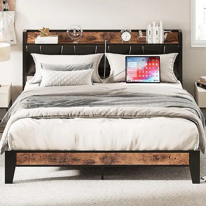 Queen Bed Frame, Storage Headboard with Charging Station