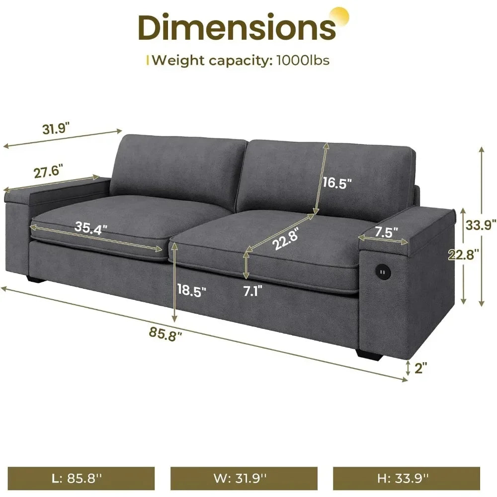 Oversized Comfy Couches, Deep Seat Sofa with Storage and 2 USB
