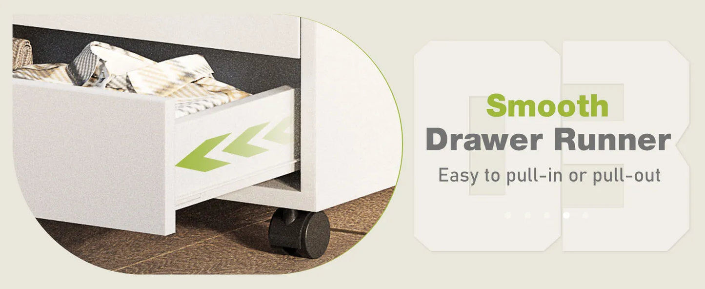 JHK Wood Nightstand Cabinet 5 Drawers Waterproof Surface Storage Organizer File Office Easy To Move Bedside Table Rotating Wheel