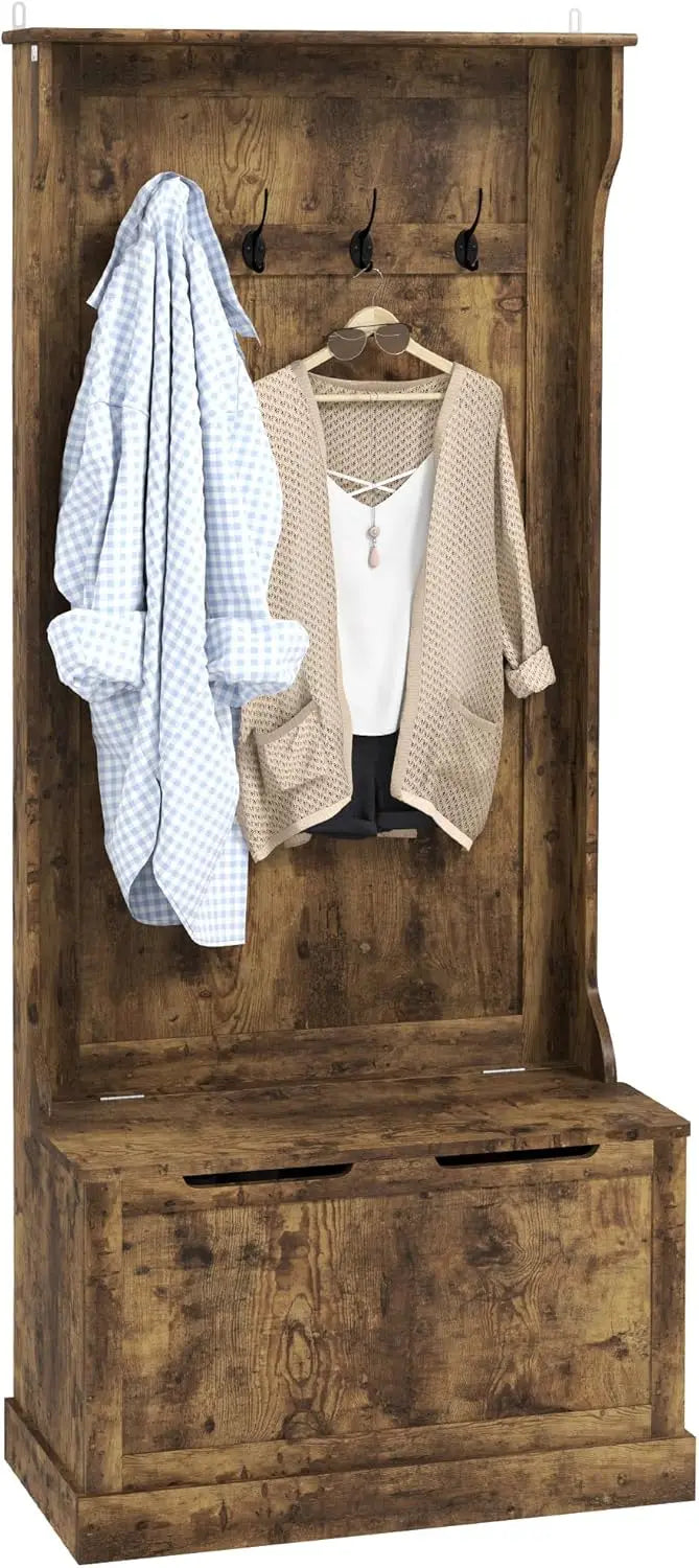 Standing Coat Rack with Shoe Bench and Four Hooks