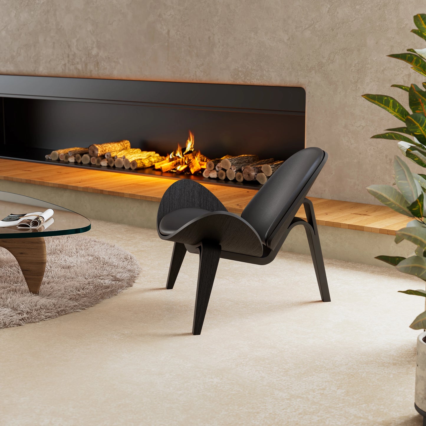 Lounge Shell Chair Faux Leather Solid Wood Style