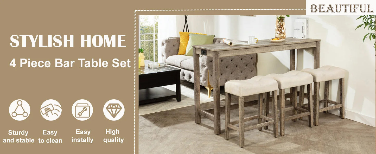 Dining Bar Table and Chairs with Power Outlet, 4 Piece Bar Table Set with Chairs, Sofa Bar Table with 3 Padded Stools