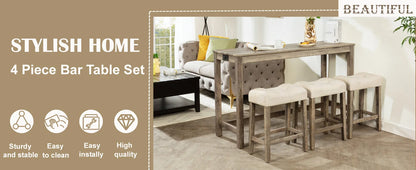 Dining Bar Table and Chairs with Power Outlet, 4 Piece Bar Table Set with Chairs, Sofa Bar Table with 3 Padded Stools