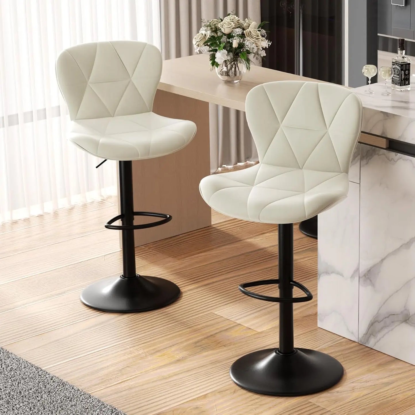Modern Bar Stools Set of 2, Adjustable Faux Leather Upholstered