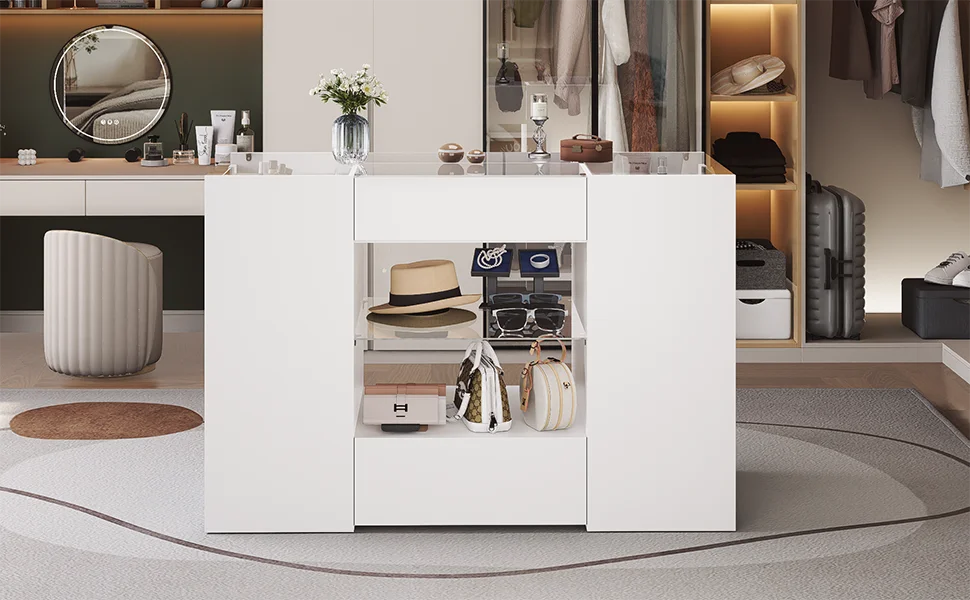Glass Display Shelf & 12 Drawers, White Dresser with Glass Top