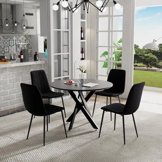 5 Piece Circle Dining Table Set for 4, 42 Inch Black Table & Velvet Upholstered Chairs With Sturdy Metal Legs, Round Kitchen