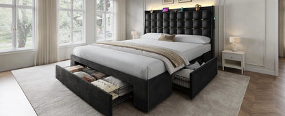 Queen Size Bed Frame with 3 Storage Drawers , Velvet Upholstered