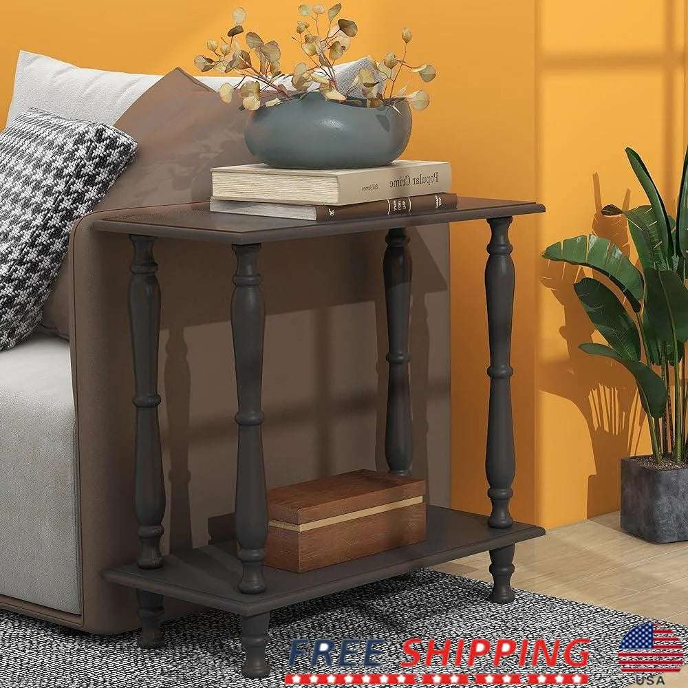 Narrow End Table Wooden Retro Side Table 2-Tier European Design Sofa Side Table Elegant Living Room Plant Stand Storage